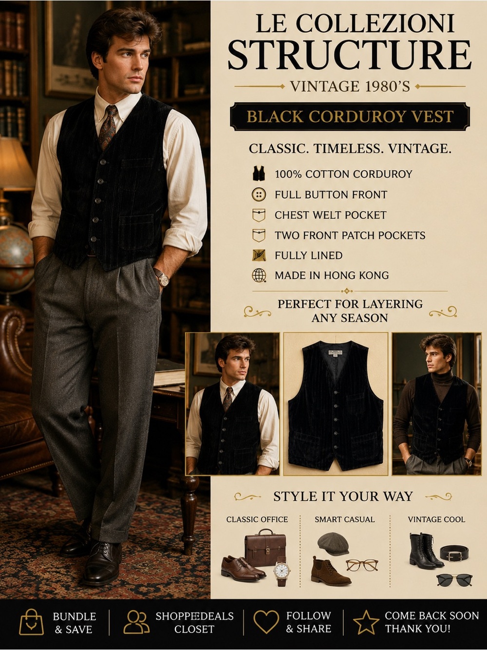 Vintage Le Collezioni Structure Black Corduroy Vest – Size S – Made in Hong Kong